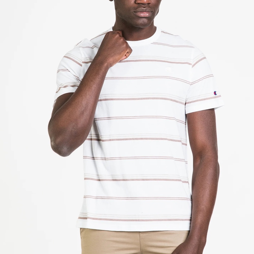 Champion Men’s Short Sleeve Shirt Medium White with Brown Tan horizantal lines